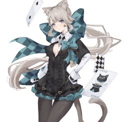 Rule 34 | 1girl, absurdres, animal ear fluff, animal ears, bow, breasts, card, cat ears, cat girl, cat tail, closed mouth, expressionless, facial mark, genshin impact, gloves, grey hair, hair bow, hand on own hip, highres, joker (playing card), long sleeves, looking at viewer, lynette (genshin impact), medium breasts, pantyhose, playing card, purple eyes, ren (renjiyu), simple background, solo, star (symbol), star facial mark, tail, two of spades, white background