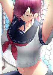 Rule 34 | 1girl, arms up, azur lane, black sailor collar, black skirt, blouse, blue ribbon, breasts, chain-link fence, crop top, crop top overhang, day, closed eyes, fence, hair over one eye, highres, large breasts, long hair, midriff, miyuki (9029009), mole, mole under eye, mouth hold, navel, neckerchief, official alternate costume, outdoors, purple hair, red neckerchief, ribbon, sailor collar, school uniform, see-through, see-through shirt, see-through silhouette, shirt, shirt overhang, short sleeves, skirt, solo, trieste (azur lane), trieste (rooftop lunch break) (azur lane), tying hair, white shirt