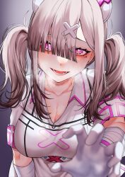 Rule 34 | 1girl, absurdres, bandaged arm, bandages, blush, breasts, dress, gloves, gomo, grey hair, hair ornament, hat, heavy breathing, highres, large breasts, long hair, looking at viewer, nijisanji, nurse, nurse cap, open mouth, pink eyes, simple background, solo, sukoya kana, sukoya kana (1st costume), tongue, twintails, upper body, virtual youtuber, white gloves, white wrist cuffs, wrist cuffs, x hair ornament