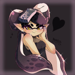 +_+ 1girl absurdres black_background black_dress black_hair breasts callie_(splatoon) cleavage closed_mouth commentary dress earrings english_commentary food food_on_head halloween halterneck hand_on_own_face heart highres inkling jewelry long_hair looking_at_viewer mask mole mole_under_eye nin10ja nintendo object_on_head pink_hair pointy_ears sleeveless sleeveless_dress small_breasts smirk solo sparkle stud_earrings swept_bangs tentacle_hair twitter_username very_long_hair yellow_eyes