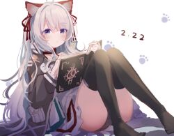 Rule 34 | 1girl, ahoge, animal ear fluff, animal ears, arknights, black dress, black thighhighs, blush, book, cat ears, dated, dress, highres, jacket, knees up, leaning back, legs, long hair, long sleeves, looking at viewer, mint (arknights), open book, open clothes, open jacket, panties, pantyshot, parted lips, purple eyes, reading, short dress, sitting, solo, suzuiro (chocolatte), thighhighs, underwear, upskirt, very long hair, white dress, white hair
