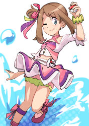 Rule 34 | 1girl, absurdres, arm up, bracelet, brown hair, buttons, closed mouth, commentary request, creatures (company), earrings, eyelashes, game freak, green eyes, hair ribbon, highres, holding, holding poke ball, jewelry, may (pokemon), nintendo, one eye closed, one side up, overskirt, pink ribbon, poke ball, poke ball (basic), pokemon, pokemon oras, purple footwear, ribbon, shike shike (k sks117), shoes, shorts, smile, solo, split mouth, water drop