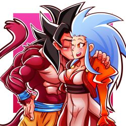 Rule 34 | 1boy, 1girl, abs, artist request, asymmetrical sleeves, bad id, bad twitter id, black hair, blue hair, blush, breasts, cleavage, closed eyes, crossover, dragon ball, dragon ball gt, hand on shoulder, hetero, highres, juliet sleeves, kiss, kissing cheek, long hair, long sleeves, mismatched sleeves, one eye closed, open mouth, pants, puffy sleeves, red background, red fur, red tail, ryouko (tenchi muyou!), sidelocks, son goku, spiked hair, super saiyan, super saiyan 4, tail, tenchi muyou!, yellow eyes, yellow pants