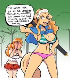 Rule 34 | 2girls, animal ears, ass, bikini, blonde hair, bracelet, breasts, brown eyes, cape, captainanaugi, cleavage, covered face, curvy, dog ears, dog tail, embarrassed, eyelashes, female focus, forest, furry, furry female, headband, highres, jewelry, large breasts, long hair, multiple girls, nami (one piece), nature, navel, one piece, open mouth, orange hair, outdoors, panties, red eyes, skirt, speech bubble, standing, swimsuit, sword, tail, underwear, wanda (one piece), weapon, wide hips