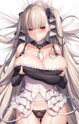 Rule 34 | 1girl, absurdres, azur lane, bare shoulders, between breasts, black dress, black panties, blush, breast hold, breasts, cleavage, closed mouth, collarbone, dakimakura (medium), detached collar, detached sleeves, dress, earrings, formidable (azur lane), frilled dress, frills, garter belt, grey hair, highres, huge breasts, jewelry, long hair, looking at viewer, meion, nail polish, panties, pout, puffy cheeks, red eyes, ribbon, solo, twintails, two-tone dress, two-tone ribbon, underwear, very long hair