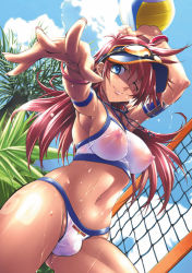 Rule 34 | 1girl, abs, bad id, ball, beach volleyball, bikini, blush, breasts, bulge, covered erect nipples, futanari, holding, holding ball, long hair, nipples, one eye closed, original, outdoors, penis, pink hair, playing sports, rakko (r2), see-through, sky, solo, sunglasses, swimsuit, visor cap, volleyball, volleyball (object), wet, wink