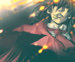 Rule 34 | 1boy, alucard (hellsing), ascot, black eyes, black hair, capelet, cross, embers, fangs, hair between eyes, hellsing, highres, looking at viewer, male focus, mouth hold, portrait, red ascot, red capelet, solo, toshimichi yukari