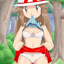 Rule 34 | 00s, 1girl, blouse, blue shirt, bra, breasts, brown eyes, brown hair, bush, cameltoe, cleavage, clothes lift, cowboy shot, creatures (company), day, fire red, game freak, green theme, hat, leaf (pokemon), leaf green, lifted by self, lingerie, long hair, lowres, miniskirt, mouth hold, nintendo, outdoors, panties, pokemoa, pokemon, pokemon frlg, porkpie hat, shirt, shirt lift, skirt, skirt lift, solo, tree, underwear, upskirt, white bra, white panties