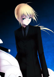 Rule 34 | 1girl, ahoge, artoria pendragon (all), artoria pendragon (fate), bad id, bad pixiv id, black gloves, blonde hair, fate/stay night, fate/zero, fate (series), formal, gloves, green eyes, long hair, mamoru (arizona), motor vehicle, motorcycle, necktie, pant suit, pants, ponytail, saber (fate), solo, suit, vehicle