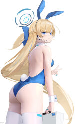 Rule 34 | 1girl, :o, absurdres, animal ears, ass, back, backless leotard, bare shoulders, blonde hair, blue archive, blue bow, blue eyes, blue hairband, blue leotard, blue nails, bow, breasts, briefcase, earpiece, fake animal ears, fake tail, floating hair, fuenyuan, hairband, halo, highres, holding, holding briefcase, leotard, long hair, medium breasts, microphone, official alternate costume, official alternate hairstyle, parted lips, playboy bunny, rabbit ears, rabbit tail, simple background, skindentation, tail, thighhighs, thighs, toki (blue archive), toki (bunny) (blue archive), v, very long hair, white background, white thighhighs, wrist cuffs