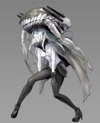 Rule 34 | 10s, 1girl, abyssal ship, aqua eyes, bad id, bad pixiv id, bodysuit, cannon, cape, gloves, glowing, glowing eyes, grey background, hat, hidezi, kantai collection, long hair, pale skin, silver hair, solo, teeth, turret, wo-class aircraft carrier