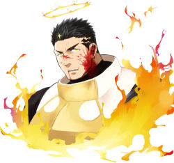 Rule 34 | 1boy, bad id, bad pixiv id, black hair, blood, blood from mouth, blood on face, cropped torso, facial hair, fire, flaming halo, halo, male focus, manly, muscular, po fu, short hair, simple background, stubble, tokyo houkago summoners, upper body, white background, yellow eyes, zabaniyya (housamo)