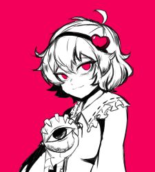 Rule 34 | 1girl, closed mouth, commentary, frilled shirt collar, frills, hairband, highres, komeiji satori, long sleeves, looking at viewer, messy hair, monochrome, red eyes, sakamuotoo, short hair, solo, third eye, touhou, upper body