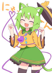 Rule 34 | 1girl, absurdres, animal ears, black thighhighs, blouse, blush, brown hat, cat ears, cat tail, closed eyes, collar, collared shirt, crystal, fang, green hair, green skirt, hair between eyes, hands up, hat, hat ribbon, highres, jewelry, komeiji koishi, long sleeves, nihohohi, no headwear, open mouth, ribbon, shirt, short hair, simple background, skirt, smile, solo, standing, tail, thighhighs, third eye, tongue, touhou, white background, wide sleeves, yellow ribbon, yellow shirt, yellow sleeves