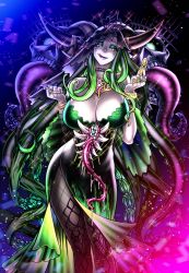 Rule 34 | breasts, bridal veil, cleavage, cva1046, dress, eyelashes, eyeshadow, green eyes, green hair, highres, horns, indie virtual youtuber, jewelry, large breasts, makeup, mimika morph, monster girl, necklace, skull, smirk, spikes, tagme, tentacles, tentacle hair, thighhighs, tongue, tongue out, too many eyes, veil