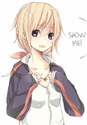 Rule 34 | 10s, 1girl, blonde hair, blush, bow, charlotte dunois, female focus, hair bow, hard-translated, infinite stratos, jacket, jewelry, long hair, meet neet, necklace, open mouth, simple background, sleeves past wrists, solo, third-party edit, track jacket, translated, upper body, white background