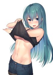 Rule 34 | 1girl, black tank top, blue eyes, blue hair, blue shorts, blush, breasts, clothes lift, cowboy shot, denim, denim shorts, hair between eyes, highres, kagematsuri, lifted by self, long hair, looking at viewer, medium breasts, midriff, navel, open mouth, original, shirt lift, shorts, simple background, smile, solo, tank top, underboob, undressing, white background