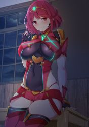 Rule 34 | 1girl, armor, black gloves, blush, breasts, closed mouth, covered navel, earrings, female focus, fingerless gloves, gloves, glowing, impossible clothes, indoors, jewelry, large breasts, matching hair/eyes, night, nintendo, noeomi, pyra (xenoblade), red eyes, red hair, red shorts, red thighhighs, short hair, short shorts, shorts, shoulder armor, skin tight, skindentation, smile, solo, swept bangs, table, thighhighs, tiara, window, xenoblade chronicles (series), xenoblade chronicles 2