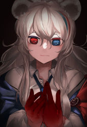 Rule 34 | 1girl, absurdres, animal ears, ao oni (onioni-aoi), arknights, bear ears, black background, blood, blood on hands, blouse, blue eyes, blue hair, blue necktie, bow, collared shirt, colored eyelashes, hair between eyes, hands up, heterochromia, highres, looking at hands, multicolored hair, necktie, red bow, red eyes, red hair, rosa (arknights), shirt, simple background, solo, straight-on, streaked hair, upper body, white hair, white shirt