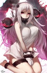 Rule 34 | 10s, 1girl, abyssal ship, alternate breast size, between legs, breasts, female focus, hand between legs, highres, horns, kantai collection, large breasts, long hair, looking at viewer, mittens, monster, mukka, northern ocean princess, aged up, pale skin, red eyes, solo, turret, v arms, white hair