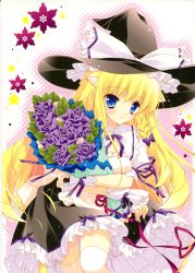 Rule 34 | 1girl, absurdres, animal ears, blonde hair, braid, cat ears, cat girl, female focus, flower, halftone, halftone background, hat, highres, kirisame marisa, plant, shigunyan, solo, thighhighs, touhou, white background, witch, witch hat, yellow eyes