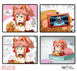 Rule 34 | 10s, 2girls, 4koma, :3, animal ears, animal hands, bell, blue legwear, breasts, cellphone, character name, cleavage, collar, comic, detached sleeves, dreaming, english text, fate/extra, fate/extra ccc, fate/grand order, fate (series), fox ears, fox tail, game, hair ribbon, highres, japanese clothes, keita naruzawa, large breasts, long hair, meta, multiple girls, neck bell, o3o, open mouth, phone, pink hair, ribbon, smartphone, speech bubble, tail, tamamo (fate), tamamo cat (fate), tamamo cat (first ascension) (fate), tamamo no mae (fate/extra), yellow eyes