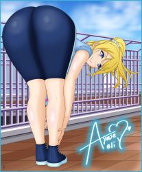 Rule 34 | 1girl, absurdres, ass, ayase eli, bent over, bike shorts, blonde hair, blue eyes, blush, come hither, from behind, highres, huge ass, long hair, looking at viewer, looking back, love live!, love live! school idol festival, love live! school idol project, ponytail, shadowjk, shiny clothes, smile, solo