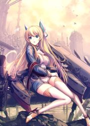Rule 34 | 1girl, aircraft, airplane, ascot, azur lane, blonde hair, blue eyes, braid, breasts, bug, butterfly, cannon, city, cleavage, cleavage cutout, clothing cutout, dress, female focus, floating hair, glorious (azur lane), gloves, hair between eyes, headgear, high heels, highres, industrial pipe, insect, large breasts, long hair, long sleeves, looking away, machinery, medium breasts, open mouth, outdoors, reflection, rigging, rudder footwear, ruins, short dress, sidelocks, sitting, solo, statue, taut clothes, taut dress, tenmaso, thighhighs, thighs, turret, very long hair, water, white gloves, white thighhighs