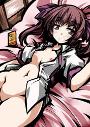 Rule 34 | 1girl, bottomless, breasts, brown eyes, brown hair, cellphone, groin, hair ribbon, heart, hemogurobin a1c, himekaidou hatate, looking at viewer, lying, navel, nipples, no pussy, on back, phone, ribbon, small breasts, smile, solo, touhou, twintails