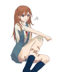 Rule 34 | 1girl, artist request, ass, bandaged arm, bandages, blue eyes, blue skirt, breasts, brown hair, cowboy shot, the end of evangelion, highres, long hair, neon genesis evangelion, school uniform, shirt, short sleeves, sitting, skirt, solo, souryuu asuka langley, tokyo-3 middle school uniform, wading, white background, white shirt