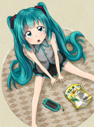 Rule 34 | 1girl, aqua eyes, aqua hair, from above, handheld game console, hatsune miku, kadomaki shinnosuke, long hair, looking up, open mouth, playstation portable, sitting, skirt, solo, spring onion, twintails, very long hair, vocaloid