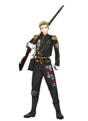 Rule 34 | 1boy, angry, antique firearm, armor, belt, blonde hair, blue eyes, boots, brass knuckles, buttons, clenched teeth, earrings, epaulettes, gun, full body, geweer (senjuushi), gloves, gun, holding, holding gun, holding weapon, jewelry, kinoshita sakura, knee pads, male focus, military, military uniform, official art, over shoulder, rifle, scar, scar on face, senjuushi: the thousand noble musketeers, senjuushi (series), short hair, solo, tachi-e, teeth, transparent background, uniform, weapon, weapon over shoulder, white gloves