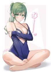 Rule 34 | 1girl, ahoge, bare shoulders, barefoot, between legs, bikini, bikini top only, blue jacket, breasts, cleavage, closed mouth, collarbone, commentary request, feet, frown, green eyes, green hair, hair ribbon, halterneck, halterneck, highres, indian style, jacket, long hair, long sleeves, looking at viewer, medium breasts, off shoulder, original, partially unzipped, ponytail, ribbon, sidelocks, signature, sitting, solo, sweat, swimsuit, thighs, toes, tokki, v-shaped eyebrows, white bikini
