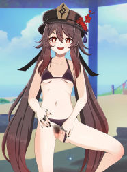Rule 34 | 1girl, :d, aruman, bad id, bad pixiv id, beach, bikini, bikini bottom aside, blue sky, breasts, brown bikini, brown hair, censored, clothing aside, cloud, cloudy sky, collarbone, cowboy shot, female pubic hair, flower, flower-shaped pupils, genshin impact, grin, hat, hat flower, highres, horizon, hu tao (genshin impact), jewelry, long hair, looking at viewer, mosaic censoring, mountain, navel, ocean, open mouth, outdoors, parasol, plum blossoms, porkpie hat, pubic hair, pussy, red eyes, ring, sky, small breasts, smile, solo, standing, standing on one leg, straight-on, swimsuit, symbol-shaped pupils, table, thighs, twintails, umbrella, v-shaped eyebrows