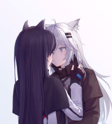 Rule 34 | 2girls, animal ears, arknights, black gloves, black hair, black jacket, fingerless gloves, gloves, gomodo, grey hair, hair ornament, hairclip, highres, holding another&#039;s hair, jacket, lappland (arknights), long hair, looking at another, messy hair, multiple girls, scar, scar across eye, scar on face, shirt, shorts, smile, tail, texas (arknights), white background, white shirt, wolf ears, wolf girl, yuri