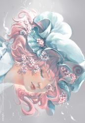 Rule 34 | 1girl, artist name, blue dress, blue hat, blue kimono, blush, cherry blossoms, closed eyes, closed mouth, collared dress, dress, eyelashes, flower, frills, grey background, hair between eyes, hair flower, hair ornament, hat, highres, japanese clothes, kimono, mob cap, petals, pink hair, rylusus, saigyouji yuyuko, short hair, simple background, solo, touhou, triangular headpiece, upper body, white flower