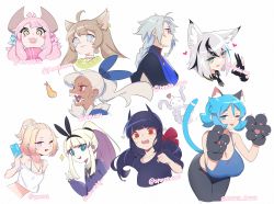 Rule 34 | 6+girls, :d, :p, :q, @ @, absurdres, ahoge, animal ears, animal hands, antenna hair, black hairband, black necktie, black pants, black shirt, blonde hair, blue eyes, blue hair, blue shirt, blush, borrowed character, bow, braid, breasts, cellphone, character request, choker, claw pose, cleavage, closed mouth, creature, cropped shirt, ear piercing, earrings, fake animal ears, fox ears, gloves, grey hair, hair bow, hairband, hand up, hands up, heart, heart earrings, highres, holding, holding phone, horns, jewelry, large breasts, long hair, looking at viewer, milim nova, mole, mole under eye, multicolored eyes, multicolored hair, multiple girls, necktie, off-shoulder shirt, off shoulder, ok sign, one eye closed, open mouth, original, pants, paw gloves, phone, piercing, pink hair, ponytail, purple eyes, rabbit ears, red eyes, shirt, short necktie, short sleeves, small breasts, smartphone, smile, streaked hair, tears, tongue, tongue out, v, white bow, white choker, white shirt, wide-eyed, yellow eyes