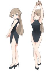 Rule 34 | 1girl, absurdres, backless outfit, bound, bound wrists, brown hair, china dress, chinese clothes, commentary request, dress, full body, grey eyes, high heels, highres, kantai collection, kazagumo (kancolle), long hair, looking at viewer, multiple views, ponytail, pumps, rope, simple background, toplow, white background