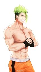 Rule 34 | 1boy, abs, achilles (fate), bara, fate/grand order, fate (series), fingerless gloves, fist in hand, gloves, green hair, grin, large pectorals, male focus, muscular, muscular male, navel, nipples, official alternate costume, orange shorts, pectorals, rinnnnake, short hair, shorts, sideburns, smile, solo, spiked hair, stomach, swept bangs, topless male, wrestling outfit