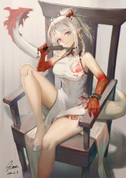 Rule 34 | 1girl, absurdres, arknights, bare legs, bare shoulders, bead bracelet, beads, bracelet, braid, breasts, chair, china dress, chinese clothes, commentary, dress, foot out of frame, grey background, hand up, head tilt, highres, holding, horns, ioriwu8, jewelry, knee up, large breasts, long hair, looking at viewer, nian (arknights), nian (unfettered freedom) (arknights), official alternate costume, parted lips, pointy ears, purple eyes, red hair, silver hair, sitting, sleeveless, sleeveless dress, solo, tail, thighs, white dress