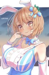 Rule 34 | 1girl, absurdres, animal ears, artist name, bad id, bad pixiv id, blue bow, blue nails, blush, bow, breasts, brown eyes, brown hair, bunny ayumi, bunny ayumi (vtuber), commentary, detached collar, detached sleeves, english commentary, finger to cheek, head tilt, highres, hungrydurp, indie virtual youtuber, large breasts, lips, looking at viewer, nail polish, rabbit ears, short hair, smile, solo, virtual youtuber