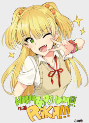 Rule 34 | 1girl, ;d, absurdres, arm up, artist name, blonde hair, character name, collarbone, collared shirt, dated, fangs, green eyes, grey background, happy birthday, highres, idolmaster, idolmaster cinderella girls, jougasaki rika, long hair, looking at viewer, one eye closed, open mouth, school uniform, shirt, short sleeves, signature, simple background, smile, solo, sweater vest, tuxedo de cat, two side up, v, white shirt