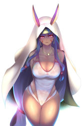 Rule 34 | 1girl, animal ears, bare shoulders, breasts, competition swimsuit, dark-skinned female, dark skin, fate/grand order, fate (series), highres, hip focus, hood, jewelry, long hair, looking at viewer, low-tied long hair, naughty face, necklace, nikuku (kazedesune), nitocris (fate), nitocris (fate/grand order), nitocris (swimsuit assassin) (fate), nitocris (swimsuit assassin) (second ascension) (fate), one-piece swimsuit, purple hair, rabbit ears, red eyes, simple background, solo, swimsuit, thick thighs, thighs, very long hair, white background, wide hips
