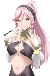 Rule 34 | 1girl, black hairband, braid, bridal gauntlets, fire emblem, fire emblem awakening, fire emblem heroes, hairband, long hair, navel, nintendo, olivia (fire emblem), parted lips, pink eyes, pink hair, ponytail, simple background, skeptycally, solo, twin braids, twitter username, upper body, white background