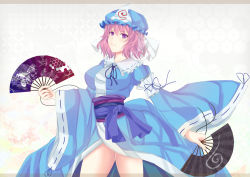 Rule 34 | 1girl, breasts, dual wielding, hand fan, folding fan, hat, highres, hiro0626, holding, japanese clothes, long sleeves, obi, pink eyes, pink hair, ribbon, saigyouji yuyuko, saigyouji yuyuko&#039;s fan design, sash, shippou (pattern), short hair, smile, solo, touhou, triangular headpiece, wide sleeves