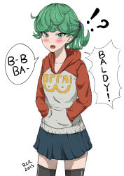 Rule 34 | !?, 1girl, 2015, blush, collarbone, dated, english text, green eyes, green hair, hands in pockets, highres, hood, hoodie, insult, matching hair/eyes, medium hair, one-punch man, ponytail, r2r, simple background, skirt, solo, sweatdrop, tatsumaki, thighhighs, white background
