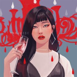 Rule 34 | 1girl, anajuise, animification, black hair, black nails, blunt bangs, champagne flute, chandelier, commentary, cup, drinking glass, earrings, eyeliner, holding, holding cup, jewelry, k-pop, long hair, looking at viewer, makeup, real life, red eyeliner, red lips, red velvet (group), ring, seulgi (red velvet), shirt, solo, upper body, white shirt