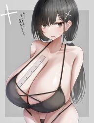 Rule 34 | 1girl, bikini, black hair, braid, breasts, cleavage, commentary, hair ornament, highres, huge breasts, long hair, looking at viewer, metae, mole, mole under mouth, original, ruler, simple background, solo, standing, swimsuit, translated, twintails, x hair ornament