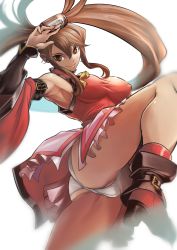 Rule 34 | &gt;:), 1girl, absurdres, armpits, ass, bare shoulders, boots, breasts, brown eyes, brown hair, cameltoe, china dress, chinese clothes, closed mouth, cowboy shot, detached sleeves, dress, fighting stance, from side, guilty gear, guilty gear xrd, hair ornament, high heel boots, high heels, highres, kuradoberi jam, leg up, long hair, looking at viewer, looking to the side, matching hair/eyes, medium breasts, panties, smile, solo, sowel (sk3), standing, standing on one leg, taut clothes, taut dress, thighs, underwear, v-shaped eyebrows, very long hair, white panties, wide sleeves