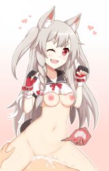 Rule 34 | 1boy, 1girl, animal ears, azur lane, bottomless, bow, breasts, claw pose, cowgirl position, crop top, crop top overhang, cum, cum in pussy, cum overflow, grey hair, hetero, highres, medium breasts, non-web source, ohno, red bow, red eyes, sex, shirt, smile, straddling, tail, underboob, vaginal, white shirt, wolf ears, wolf girl, wolf tail, x-ray, yuudachi (azur lane)